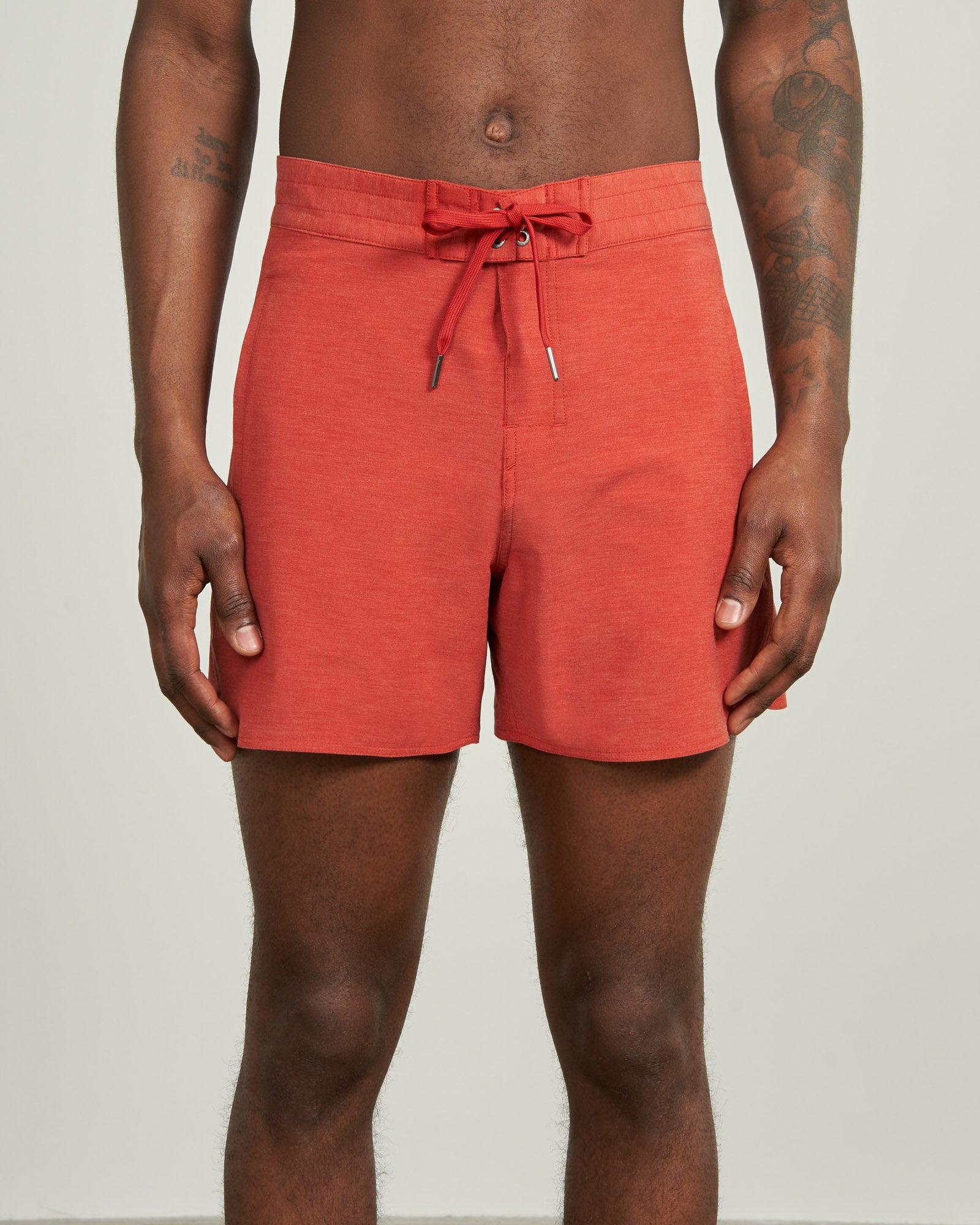 Ketchup The Responsible Board Short - 5" (Front): Red-orange board short with drawstring waist and flat front panel