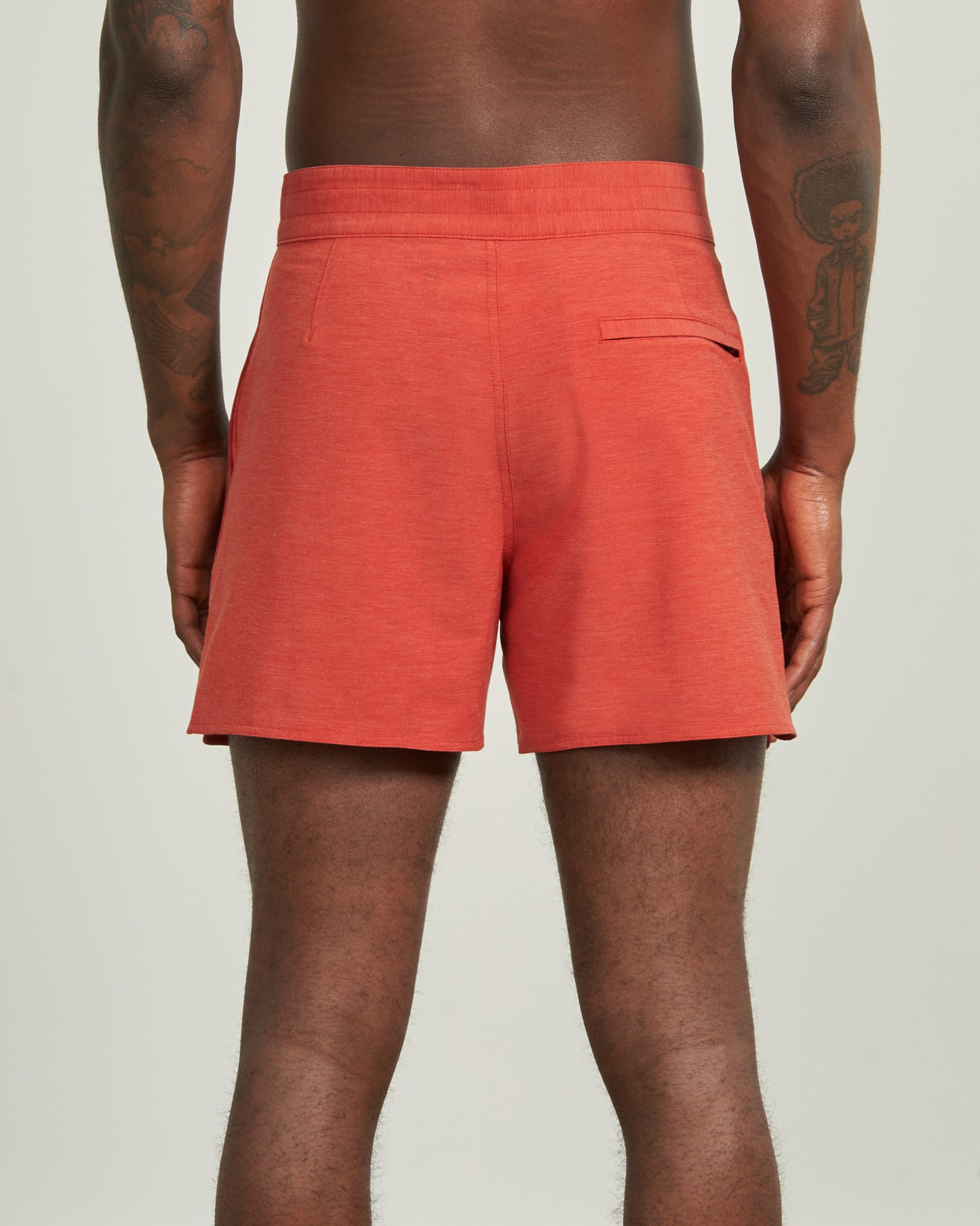 Ketchup The Responsible Board Short - 5" (Back): Coral-red shorts, back view, single hidden pocket with black zipper