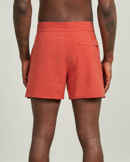 Ketchup The Responsible Board Short - 5" (Back): Coral-red shorts, back view, single hidden pocket with black zipper