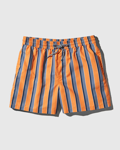Orange Ochre Recycled Swim Trunk - 5" (Flat-lay): Orange and blue vertical striped shorts with elastic waistband and drawstring