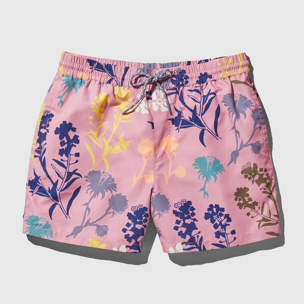 Foxglove Recycled Swim Trunk - 5" (Flat-lay): Pink shorts with multicolor floral silhouette print and gray drawstring waist