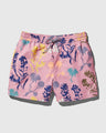 Foxglove Recycled Swim Trunk - 5" (Flat-lay): Pink shorts with multicolor floral silhouette print and gray drawstring waist