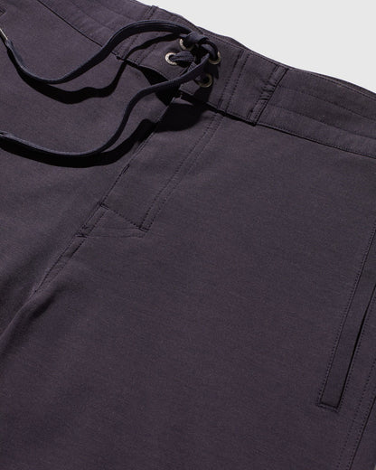 Night Sky The Responsible Board Short - 5" (Detail): Dark navy fabric close-up showing angled front pocket and drawstring waistband grommets