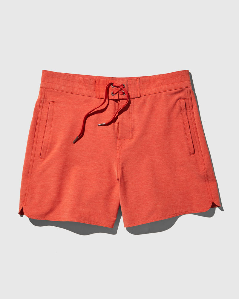 Ketchup The Responsible Board Short - 5" (Flat-lay): Red-orange board shorts with lace-up drawstring waist and side pockets