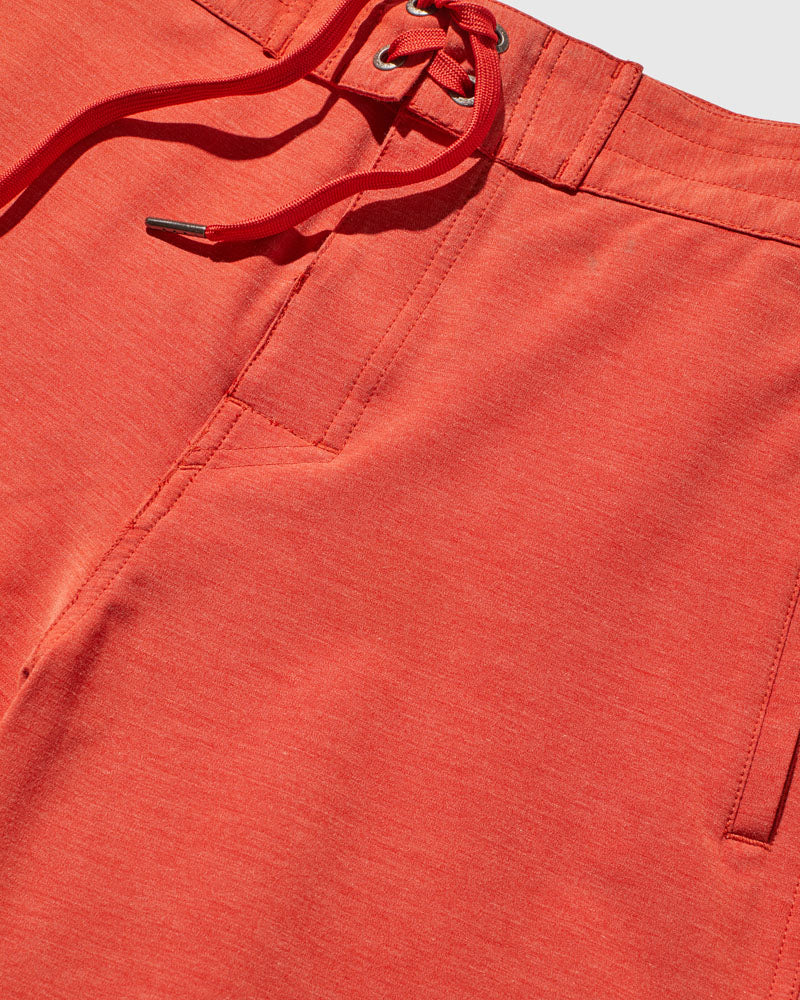 Ketchup The Responsible Board Short - 5" (Detail): Close-up of red board short waistband with drawstring and angled pocket