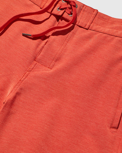 Ketchup The Responsible Board Short - 5" (Detail): Close-up of red board short waistband with drawstring and angled pocket