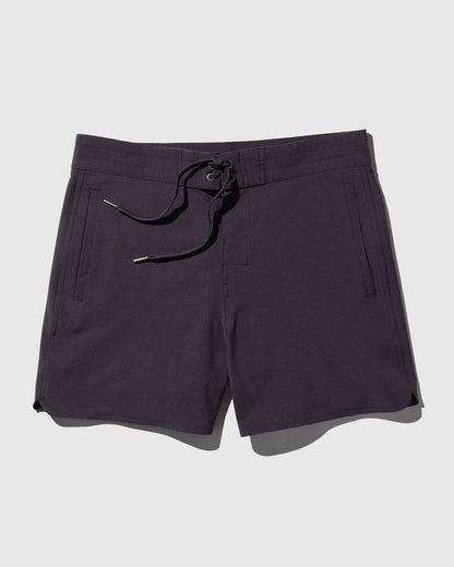 Night Sky The Responsible Board Short - 5" (Flat-lay): Dark navy shorts with drawstring waist, side pockets, and split hem