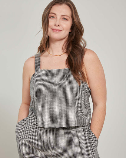 Black Linen Cropped Tank (Front): Black and white gingham cropped tank with square neckline, worn by woman