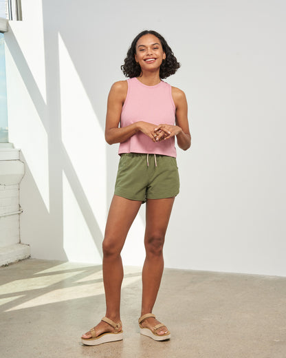 Cypress The Responsible Swim Short (In-use): Woman wearing olive green drawstring shorts with pink crop tank and sandals