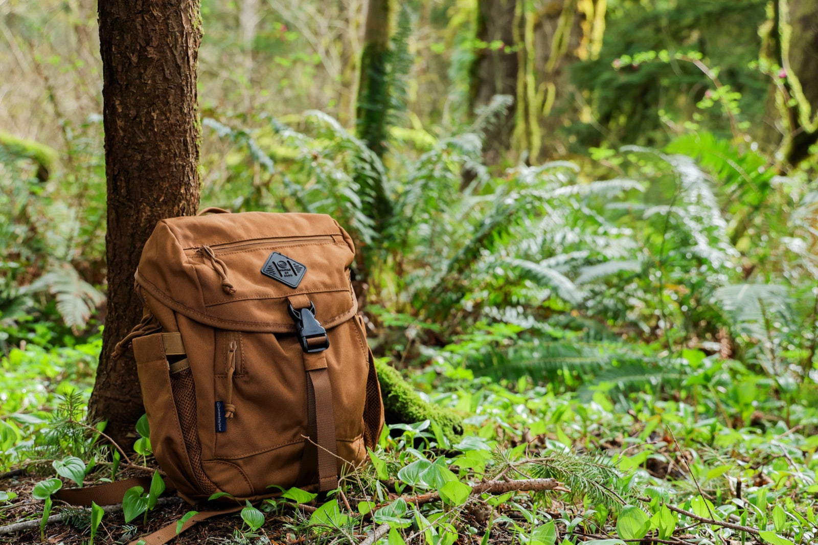 (R)evolution™ 9L Sidekick in Camel resting against a tree trunk in a forest of ferns.