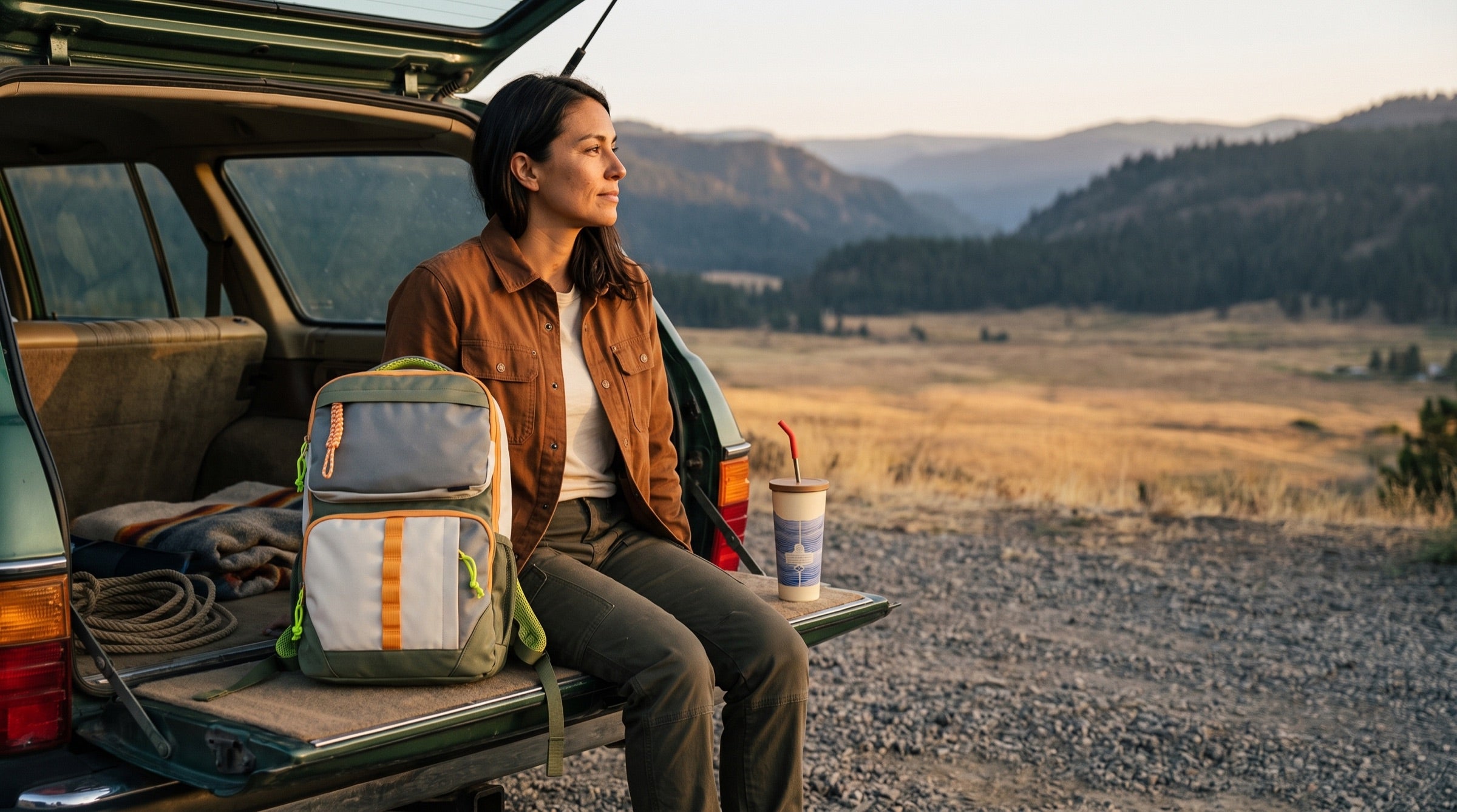 A woman sits on her SUV's open tailgate at golden hour with the olive (R)evolution 25L Transit Pack and an insulated tumbler beside her, mountains in the distance.